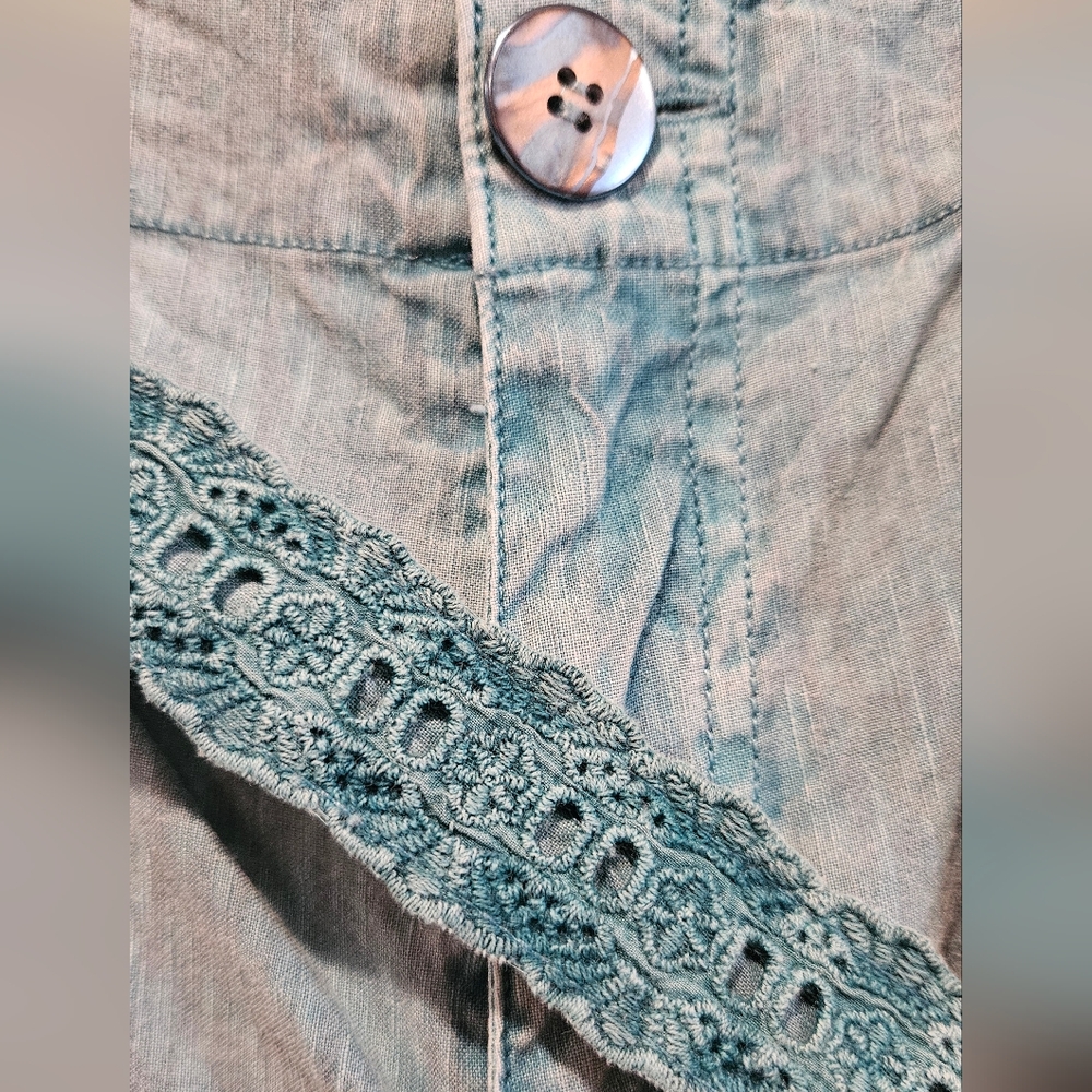 Soft Surroundungs Women's Teal Belted Chambray Wide Leg Pants, Size 12 - Picture 2 of 5